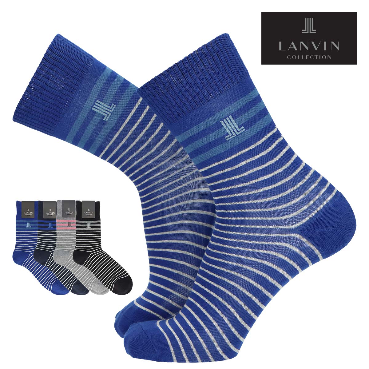 LANVIN COLLECTION ランバン コレクション オーガニックコットン ワンポイントロゴ刺繍 ミドル丈 トーナルマルチボーダー カジュアルソックス
