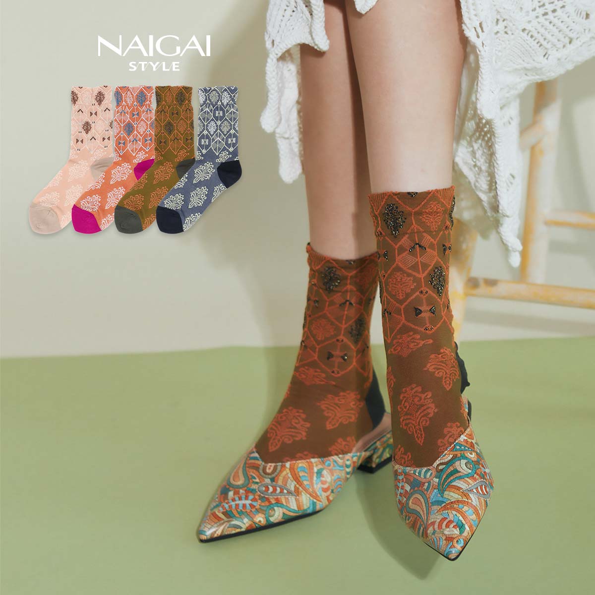 NAIGAI STYLE ナイガイ スタイル 日本製 ダマスク フロート クルー丈 レディース ソックス