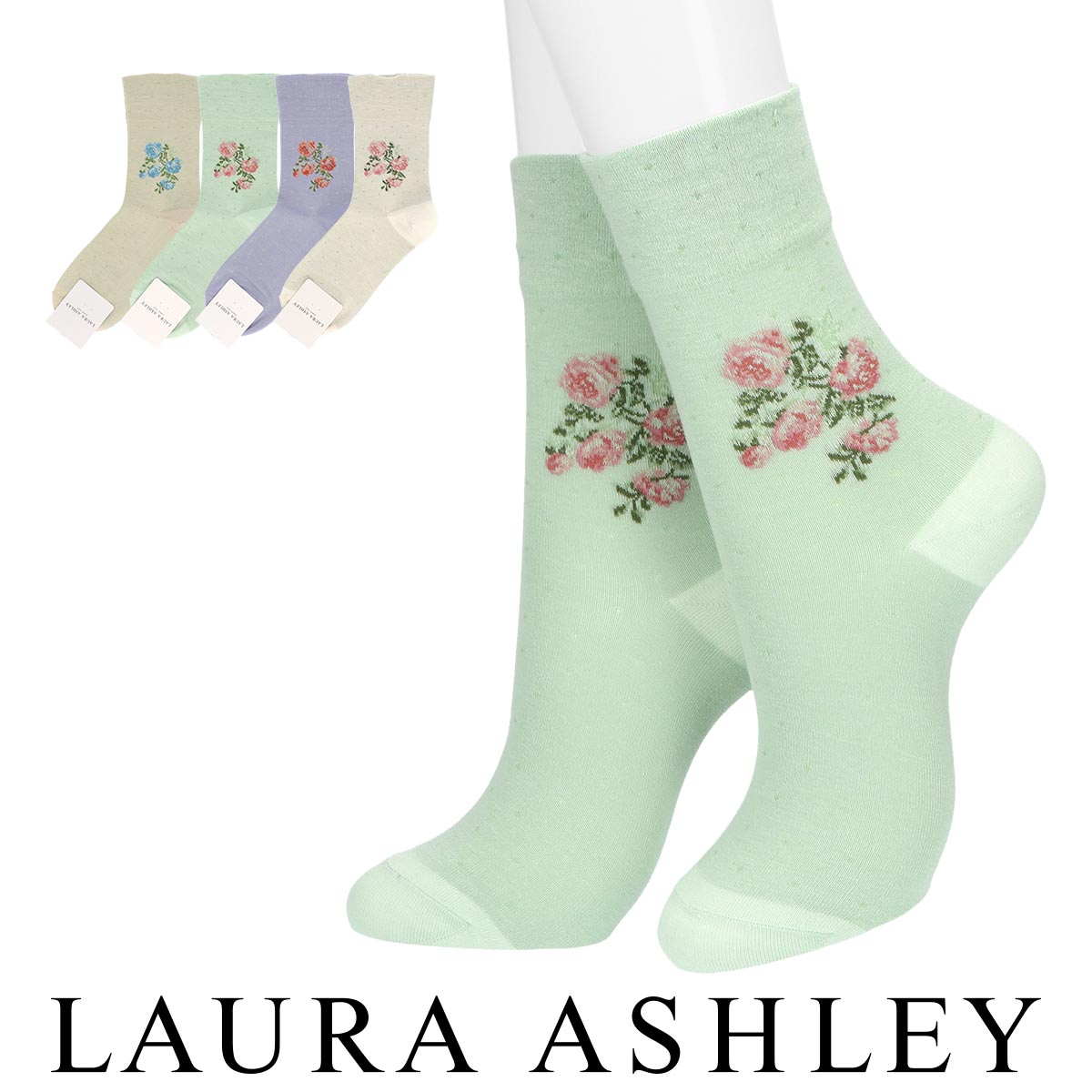 LAURA ASHLEY ローラ アシュレイ Roses 綿混 クルー丈ソックス